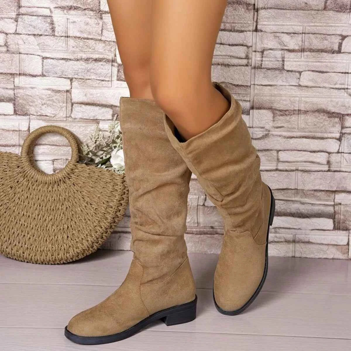 Round Toe Block Heels Boots Khaki Trendsi