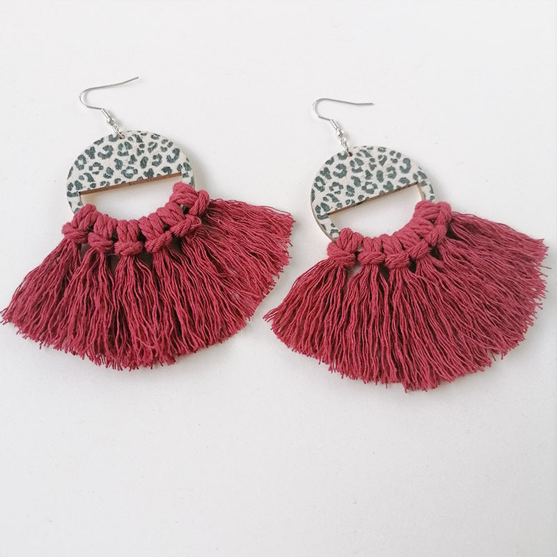 Tassel Detail Leopard Drop Earrings Deep Red One Size Trendsi