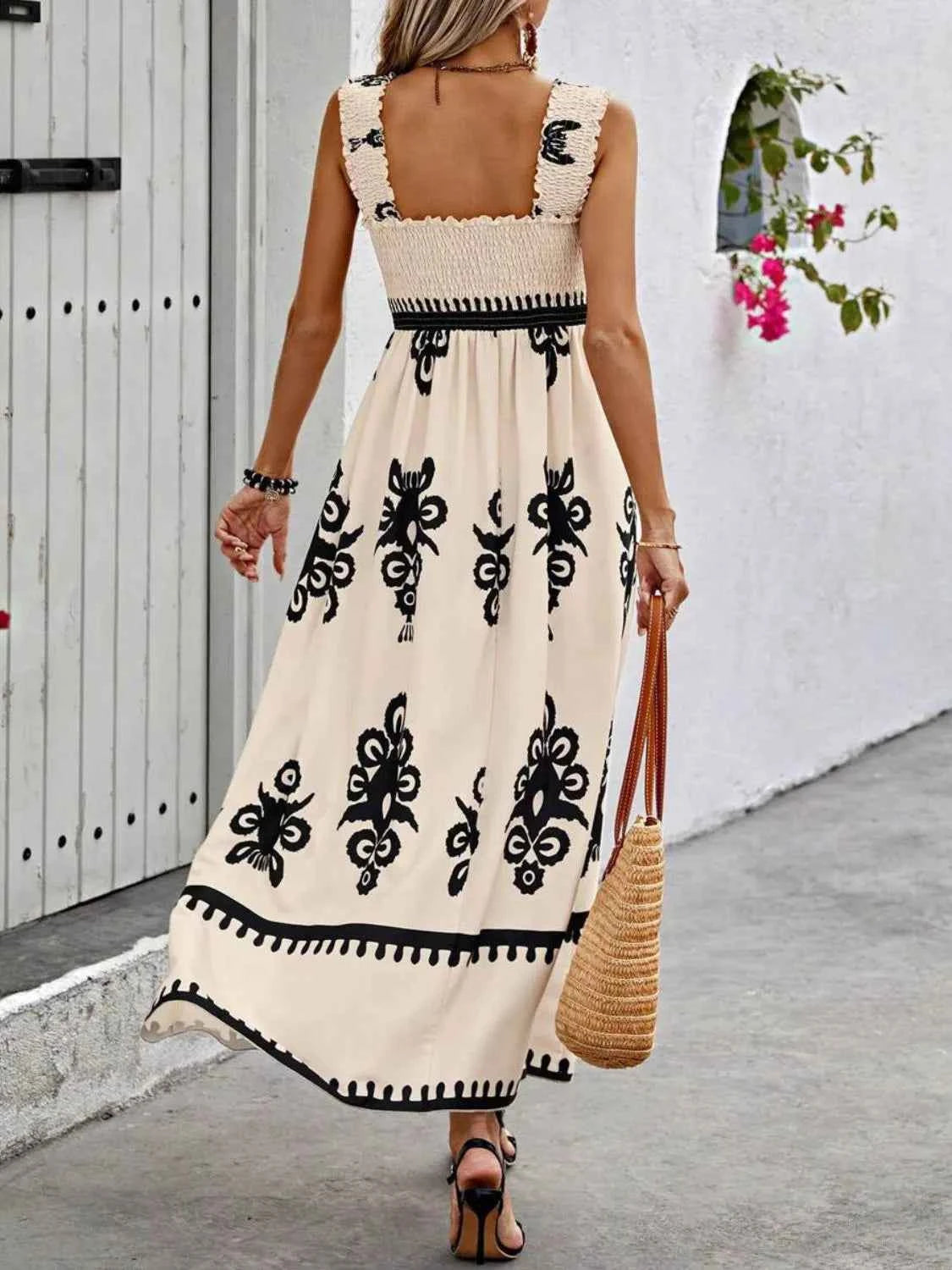 Smocked Printed Wide Strap Maxi Dress Trendsi