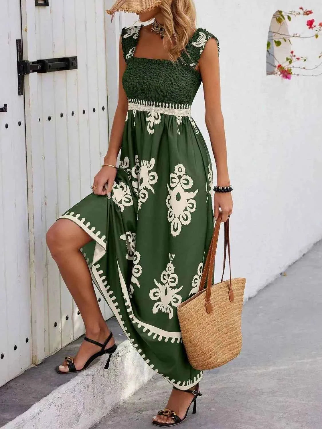 Smocked Printed Wide Strap Maxi Dress Trendsi