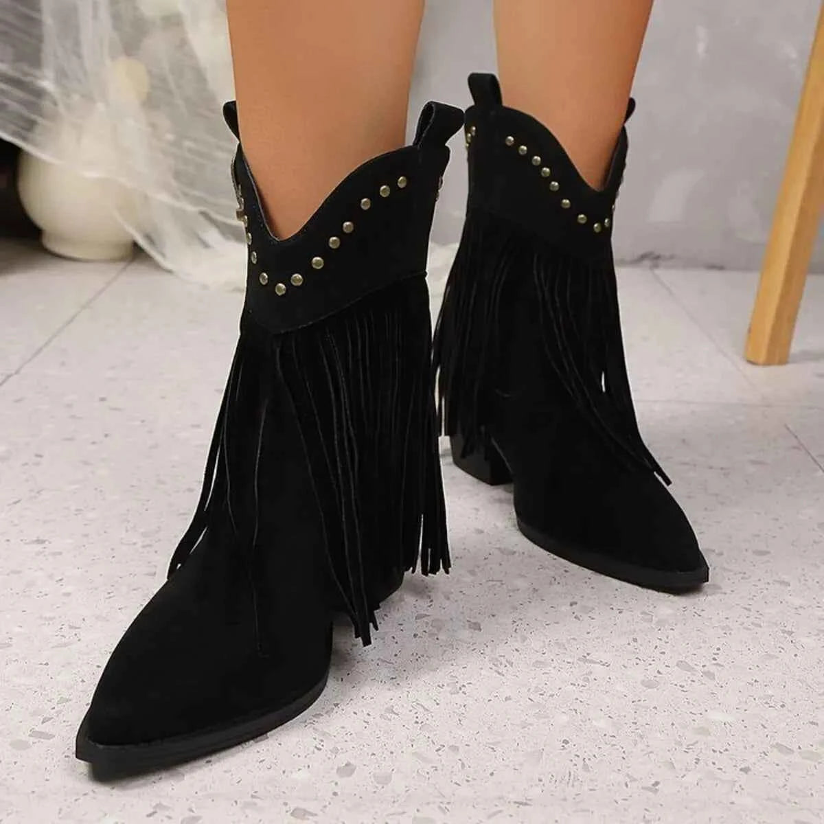 Fringe Point Toe Block Heels Boots Black Trendsi