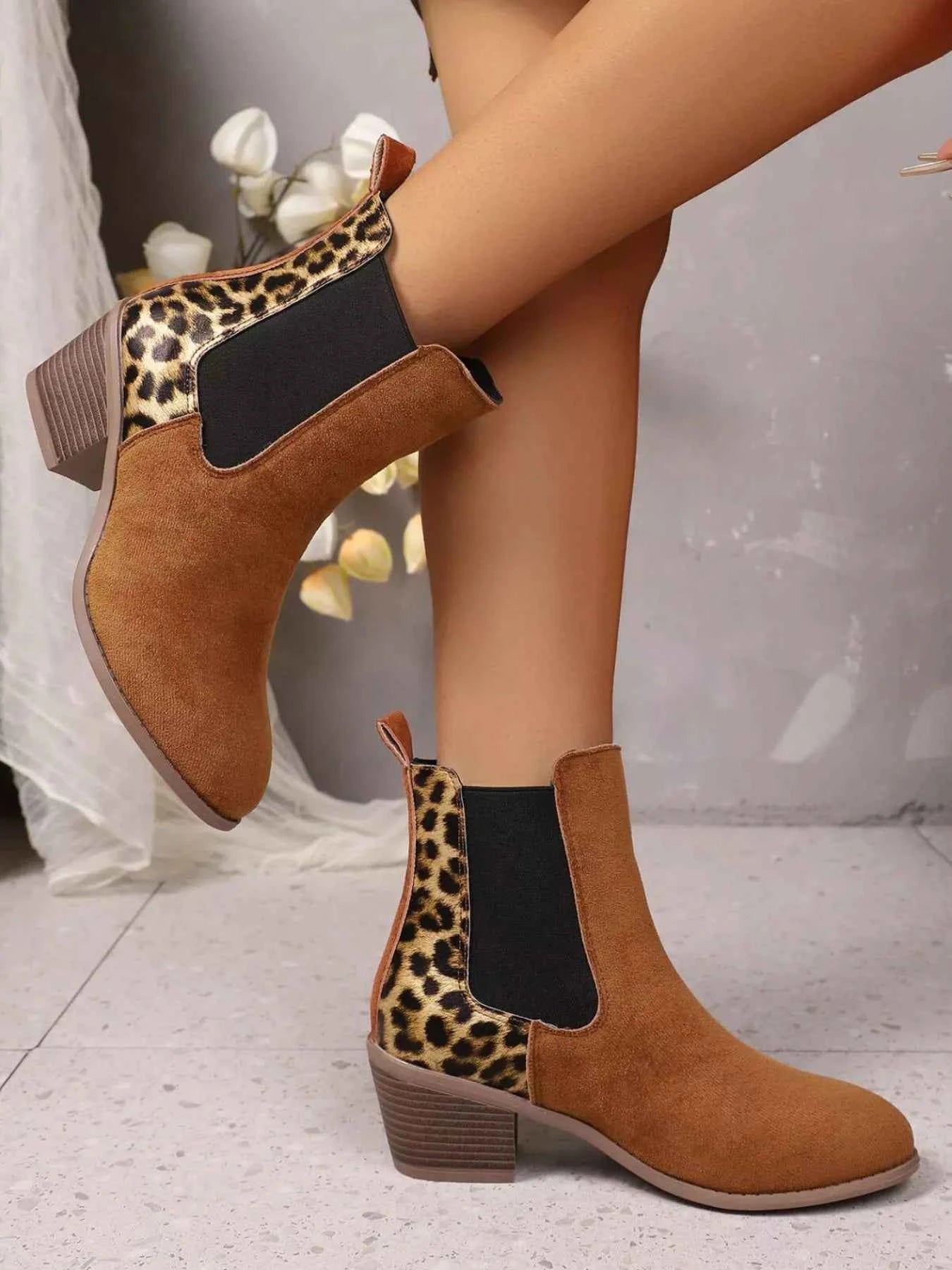 Leopard Print Chelsea Ankle Boots with Block Heel Trendsi