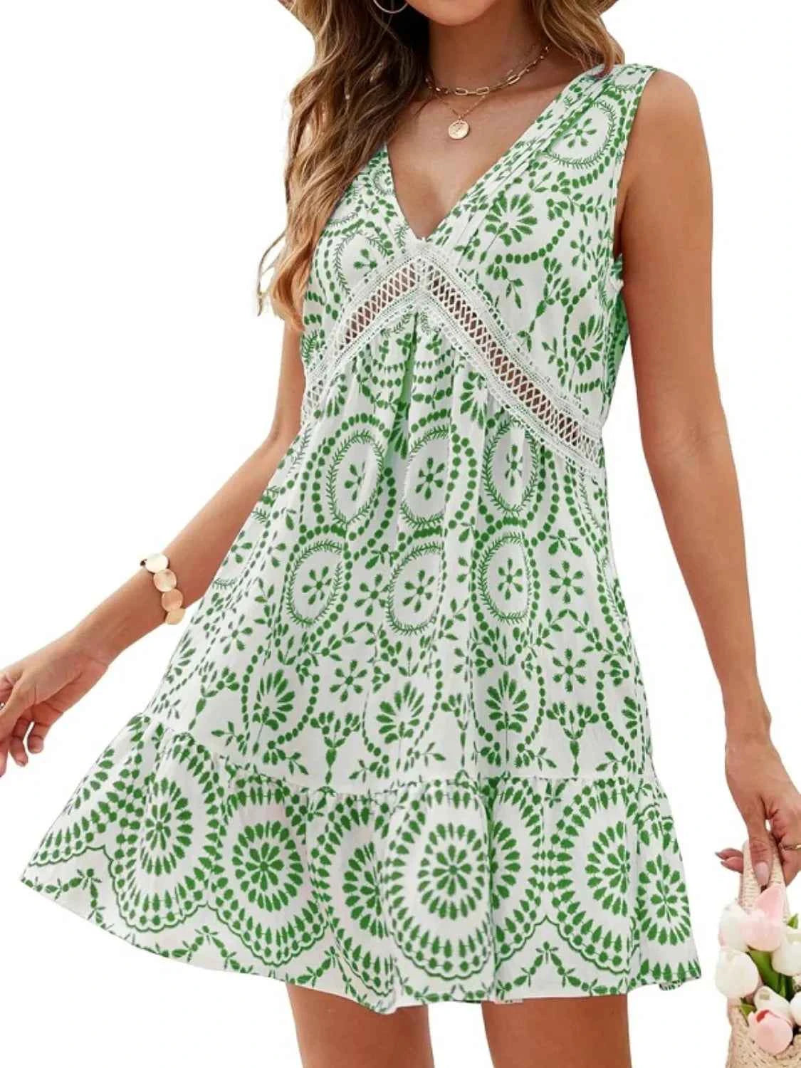 Printed V-Neck Sleeveless Mini Dress Trendsi