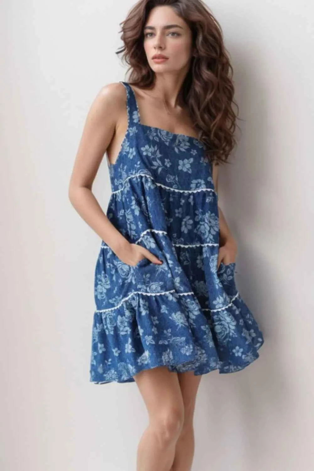 Floral Tiered Denim Dress - Square Neck Mini Trendsi