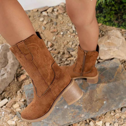 Suede Block Heel Western Boots Trendsi