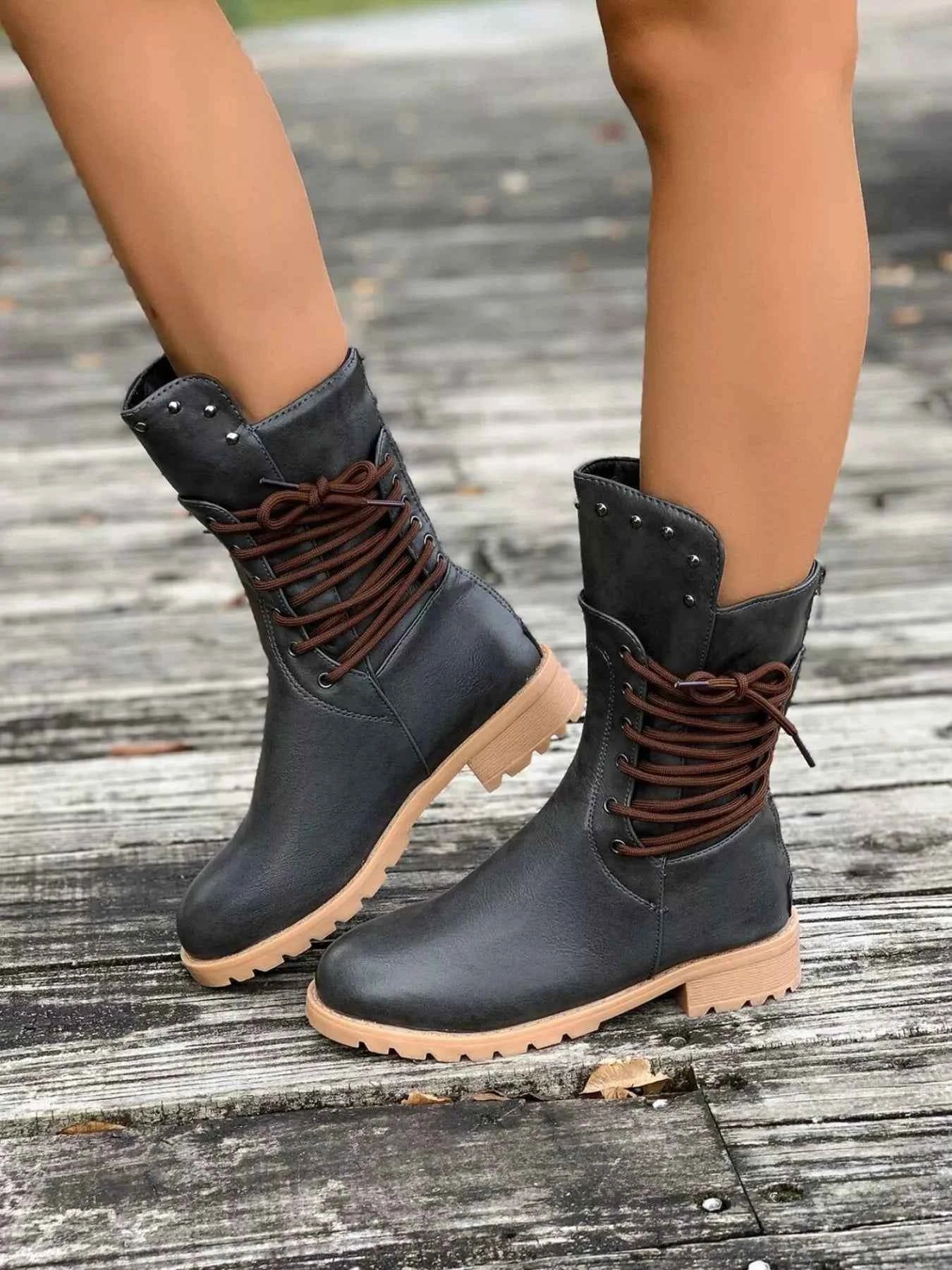 Round Toe Block Heels Boots Trendsi