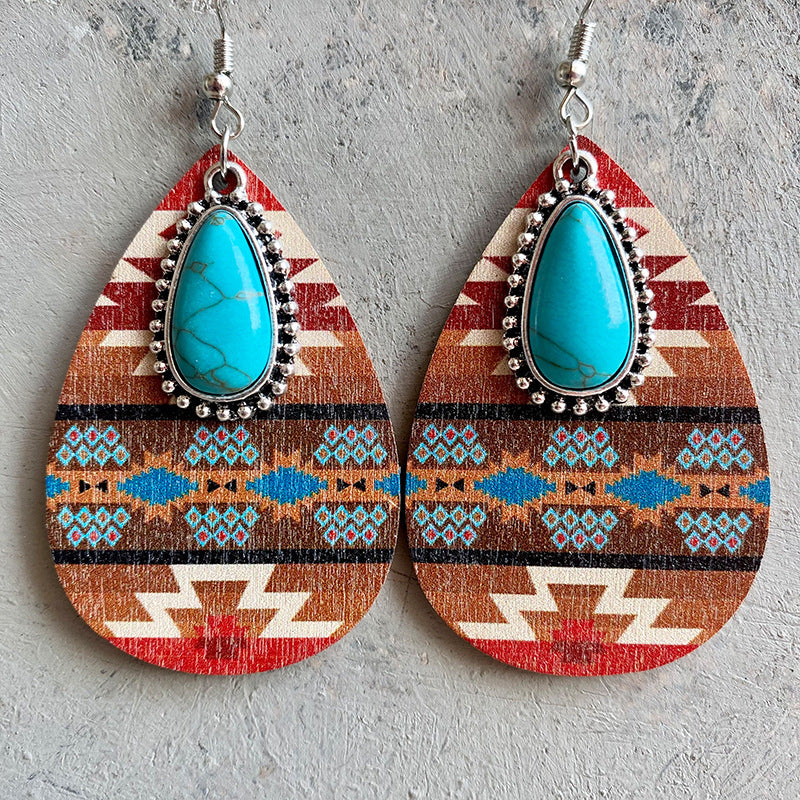 Turquoise Teardrop Shape Wooden Dangle Earrings Style A One Size Trendsi