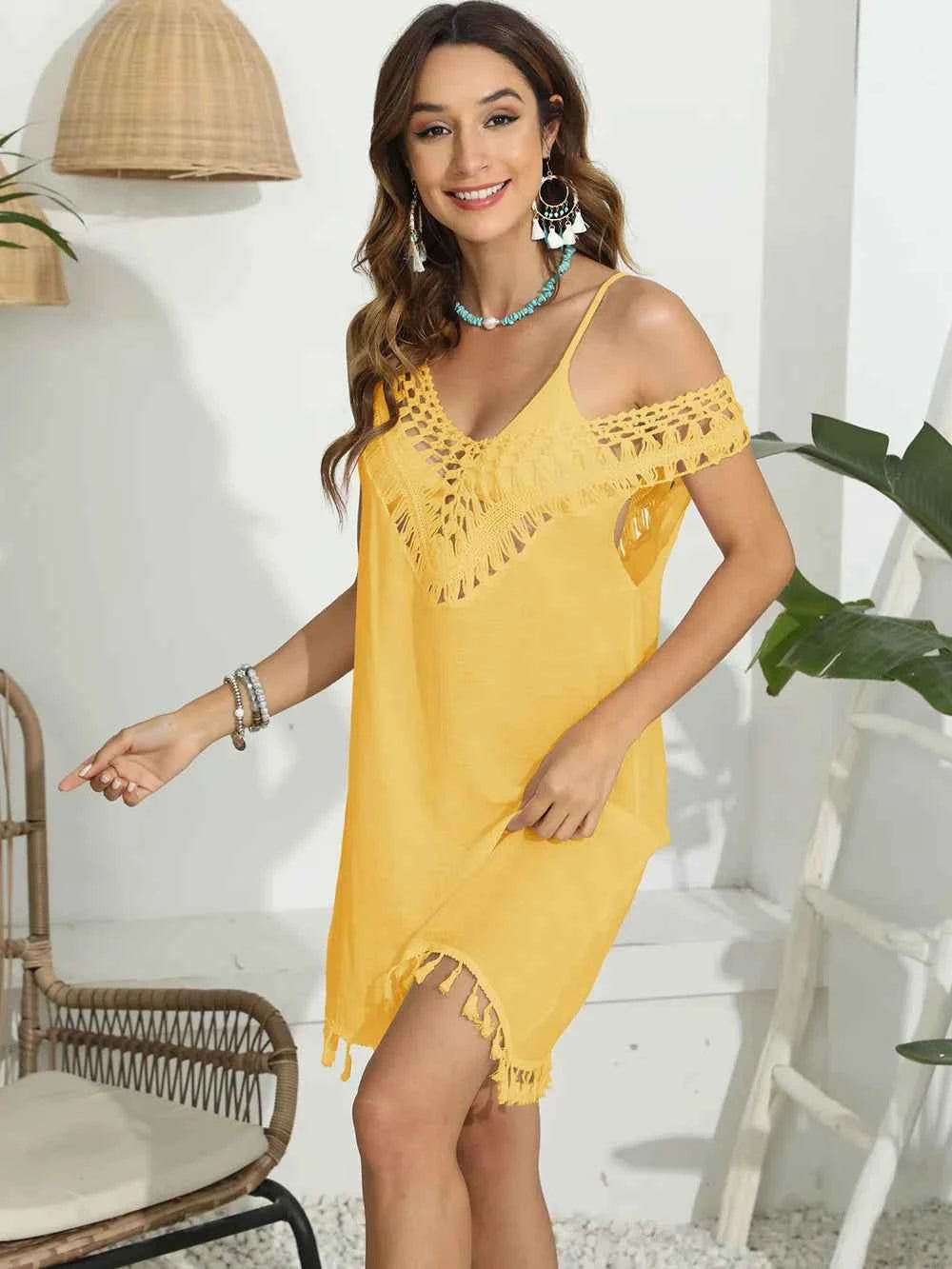 Tassel Scoop Neck Wide Strap Cover-Up Trendsi