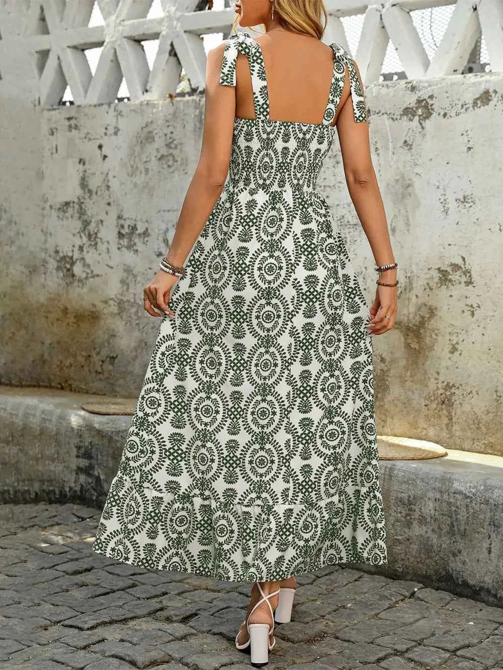 Smocked Slit Printed Tie Shoulder Dress Trendsi