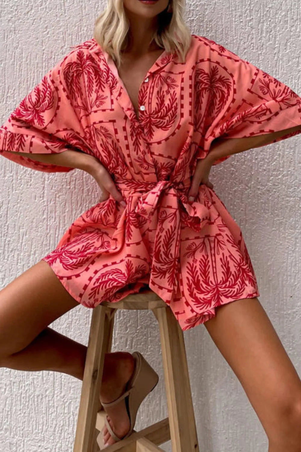 Printed Tie Waist Romper Trendsi