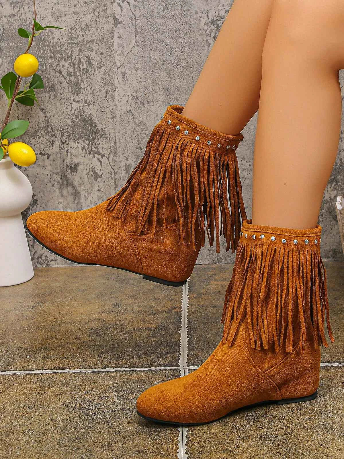 Fringe Boots with Studded Details Brown Trendsi
