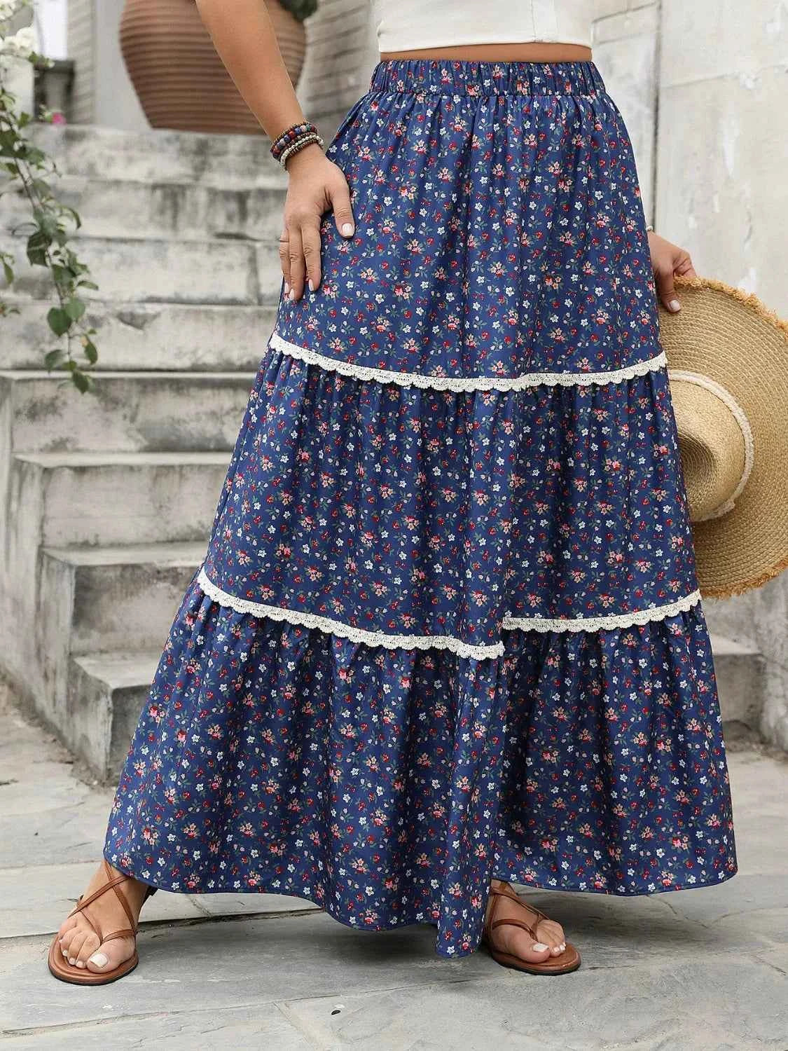 Plus Size Floral Elastic Waist Boho Maxi Skirt Dark Blue Trendsi