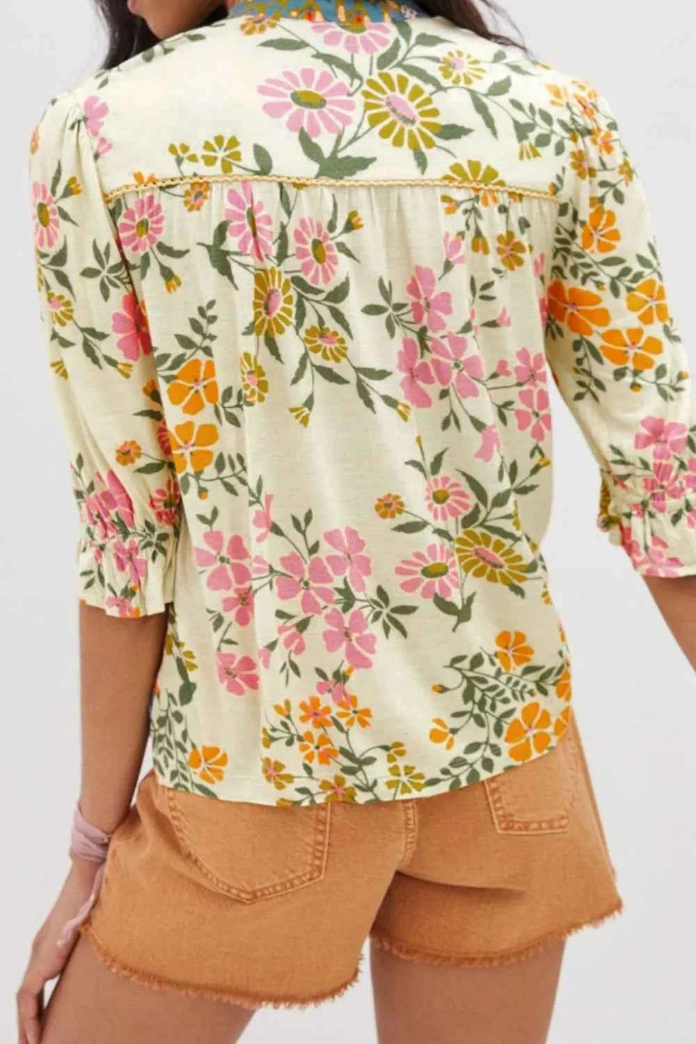 Multicolour Crochet V Neck Half Sleeve Boho Floral Blouse Trendsi