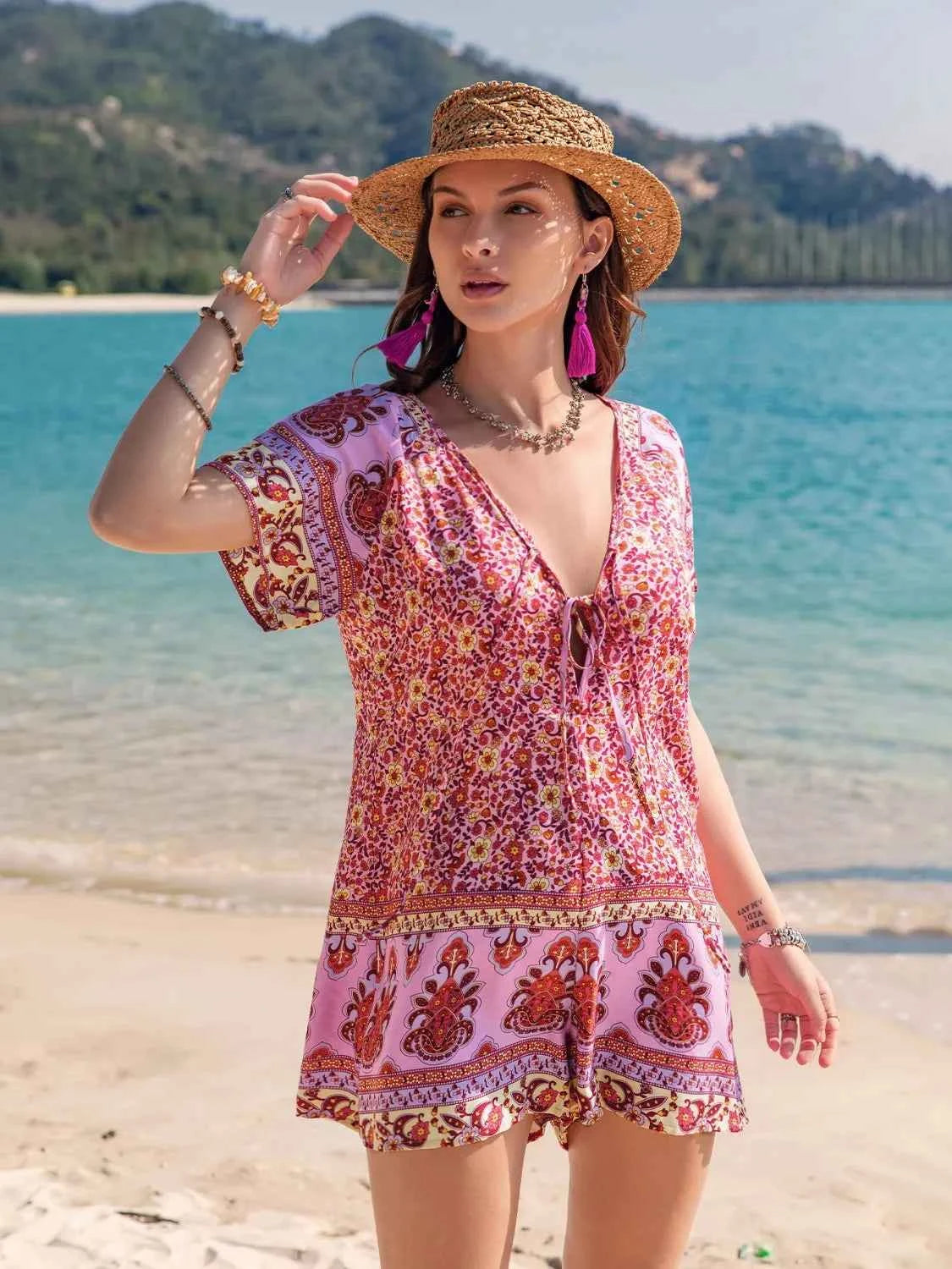 Printed V-Neck Short Sleeve Romper Deep Rose Trendsi