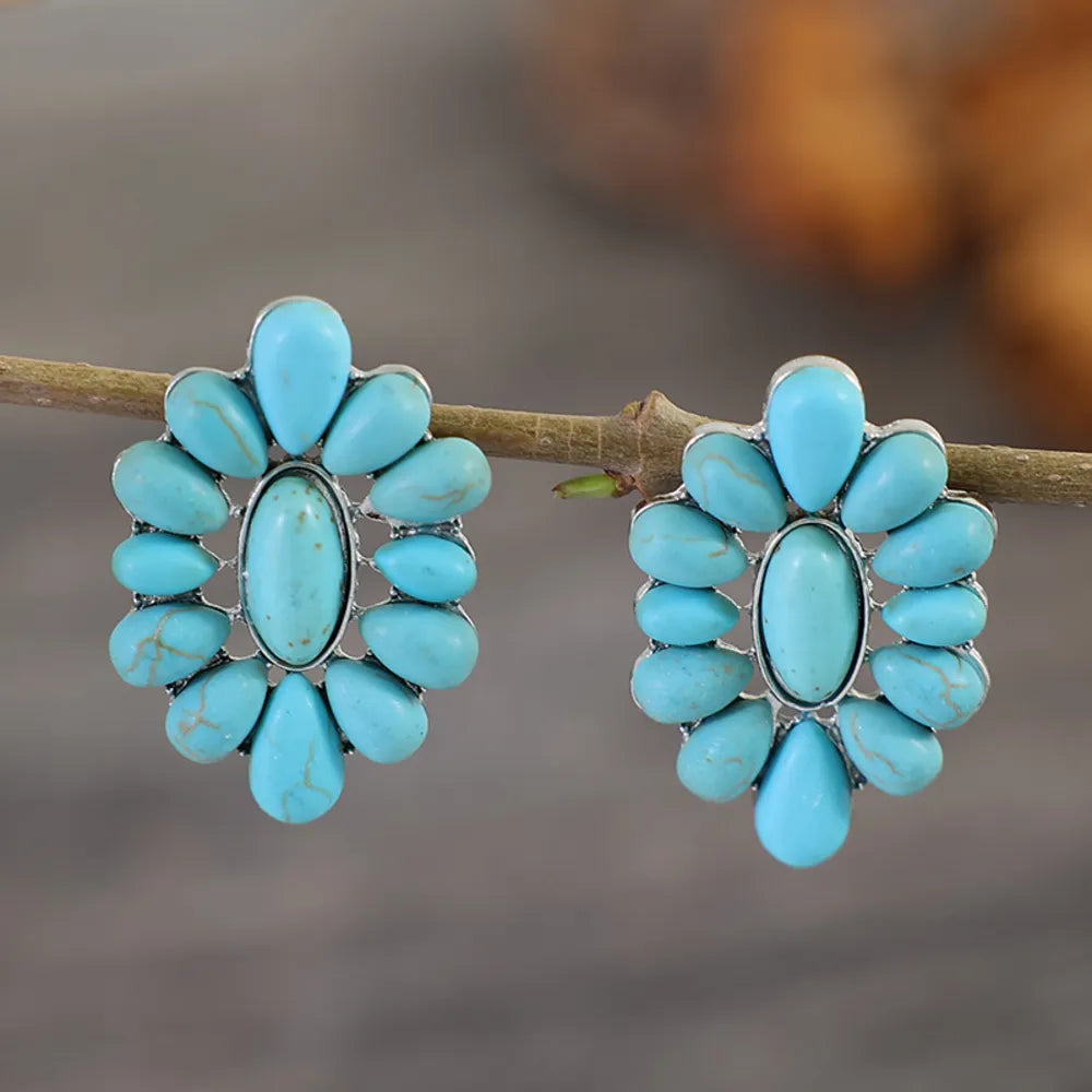 Flower Shape Artificial Turquoise Earrings Silver One Size Trendsi