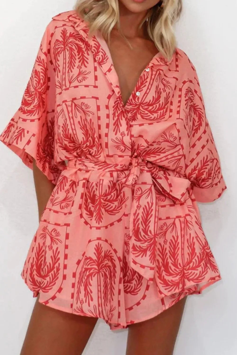 Printed Tie Waist Romper Trendsi