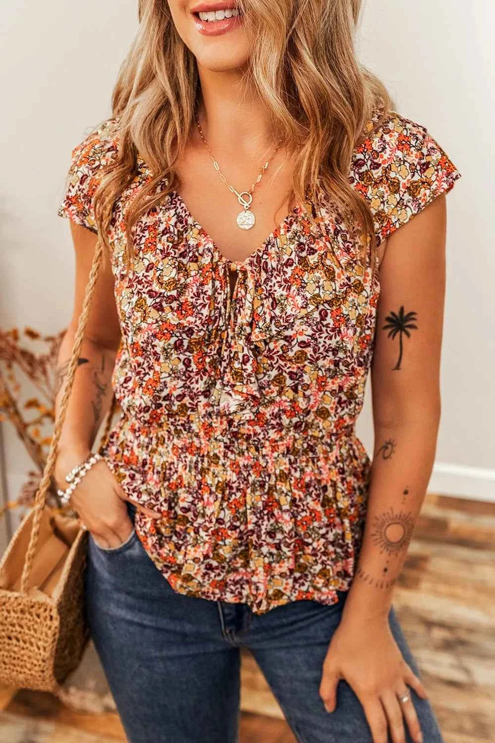 Floral Print Knot V Neck Ruffled Sleeve Blouse Trendsi