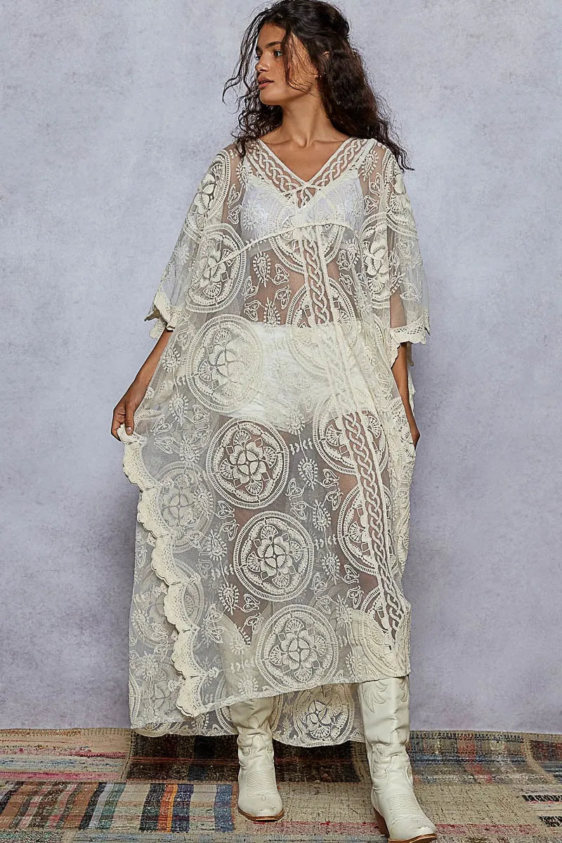 POL Lace Embroidered Beach Cover Up Kaftan Cream One Size Trendsi