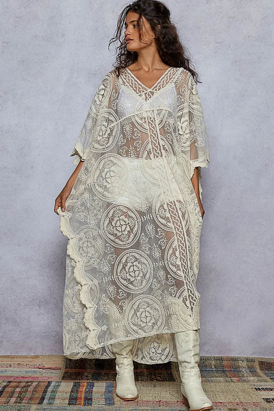 POL Lace Embroidered Beach Cover Up Kaftan Cream One Size Trendsi