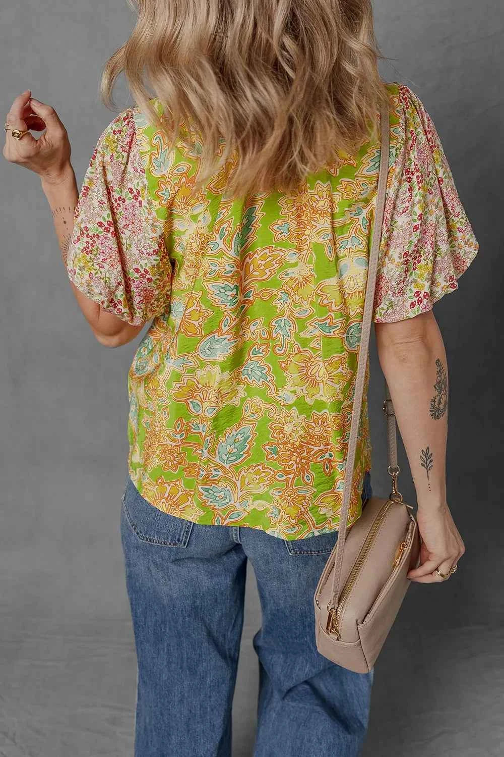 Multicolour Printed Blouse with Contrast Bubble Sleeve Patchwork Trendsi