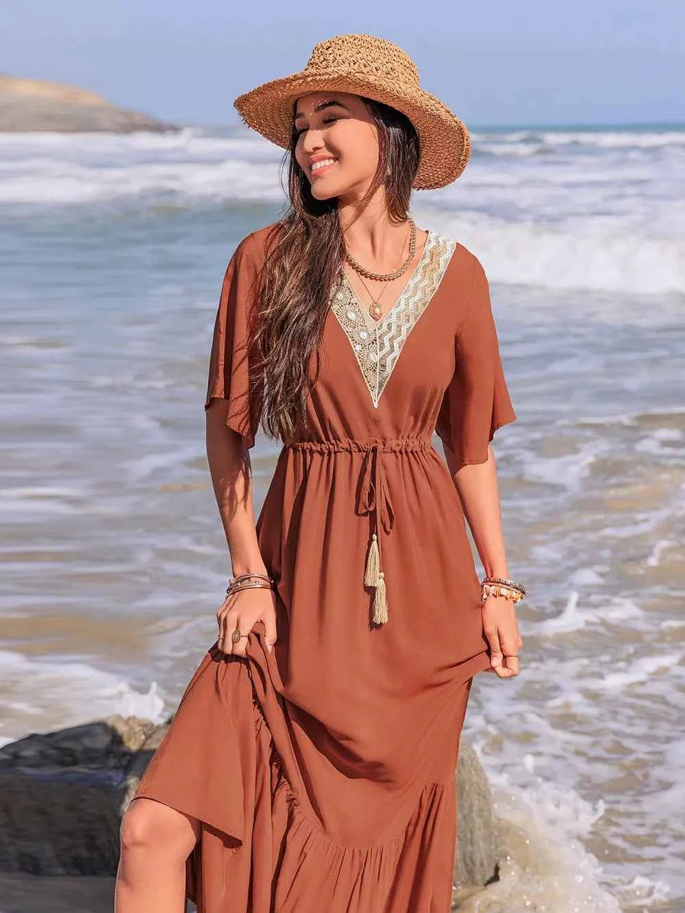 Ruffled Tassel V-Neck Flutter Sleeve Dress Trendsi
