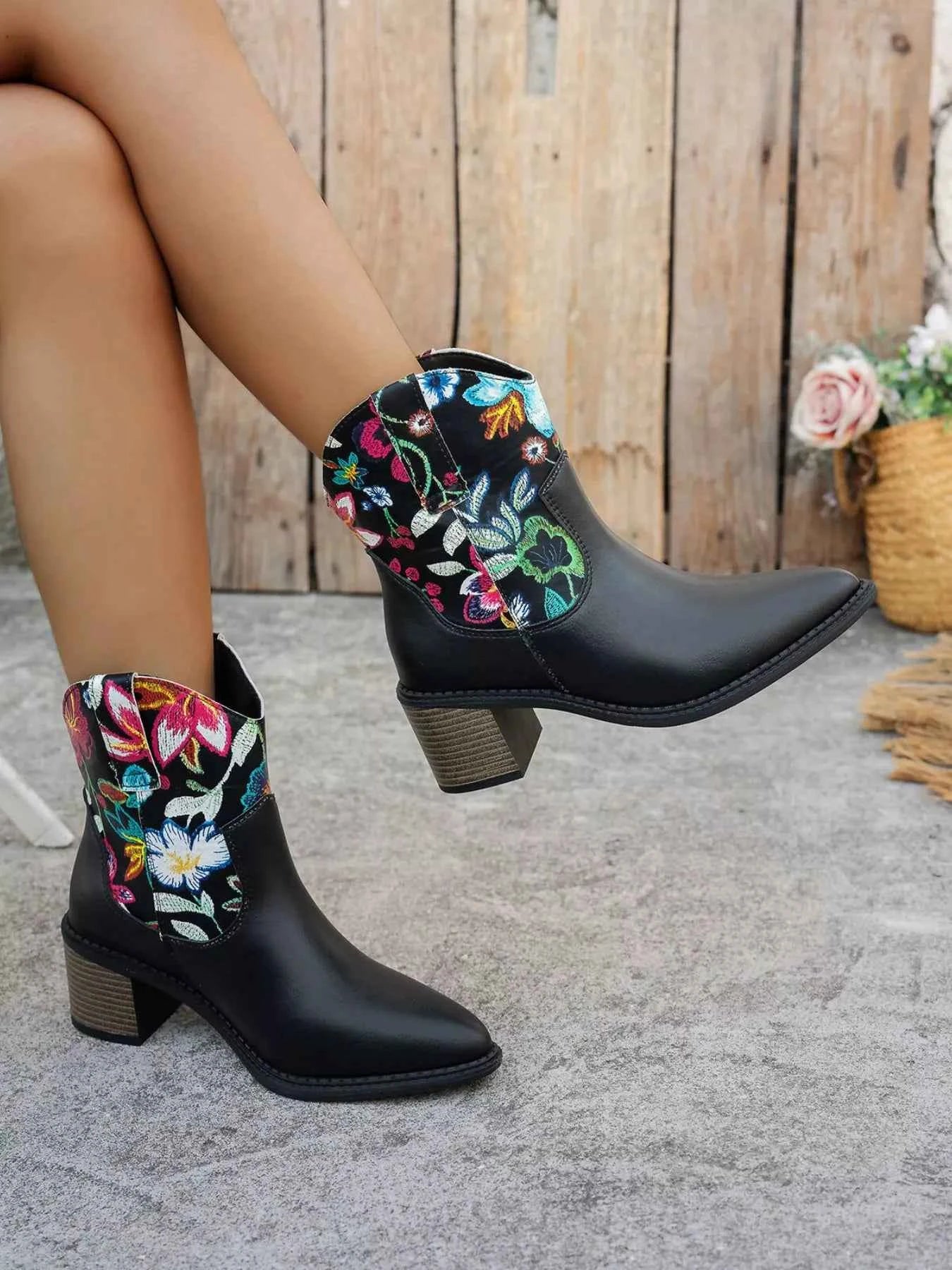 Floral Embroidered Western Ankle Boots Trendsi