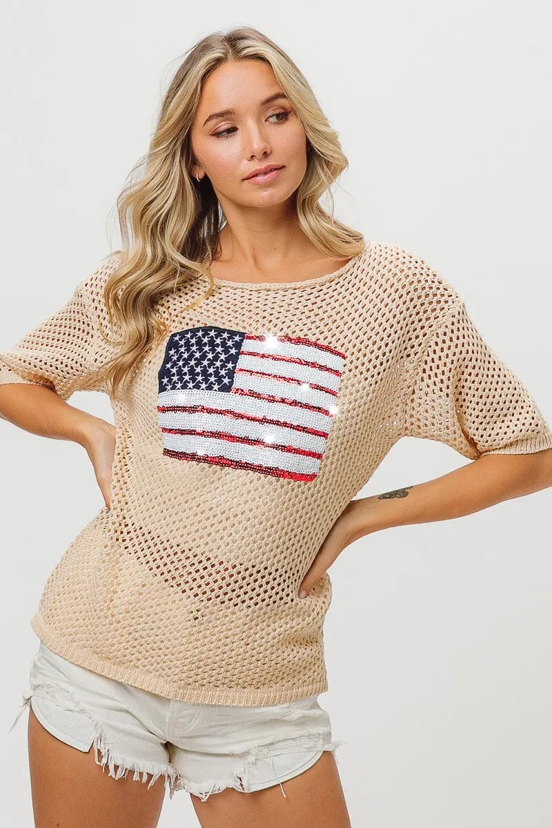 BiBi Sequin American Flag Knit Cover Up OATMEAL Trendsi