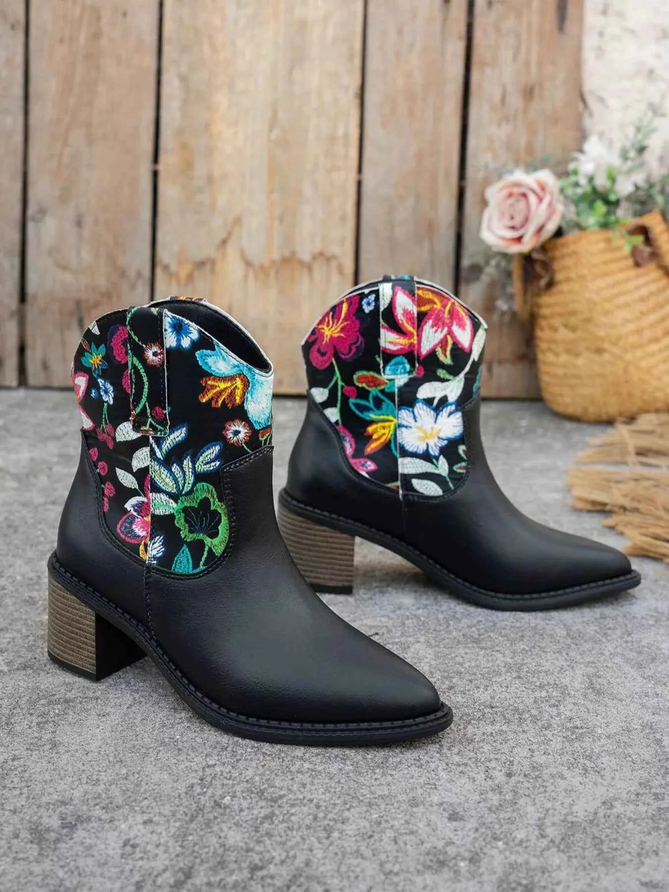 Floral Embroidered Western Ankle Boots Black Trendsi