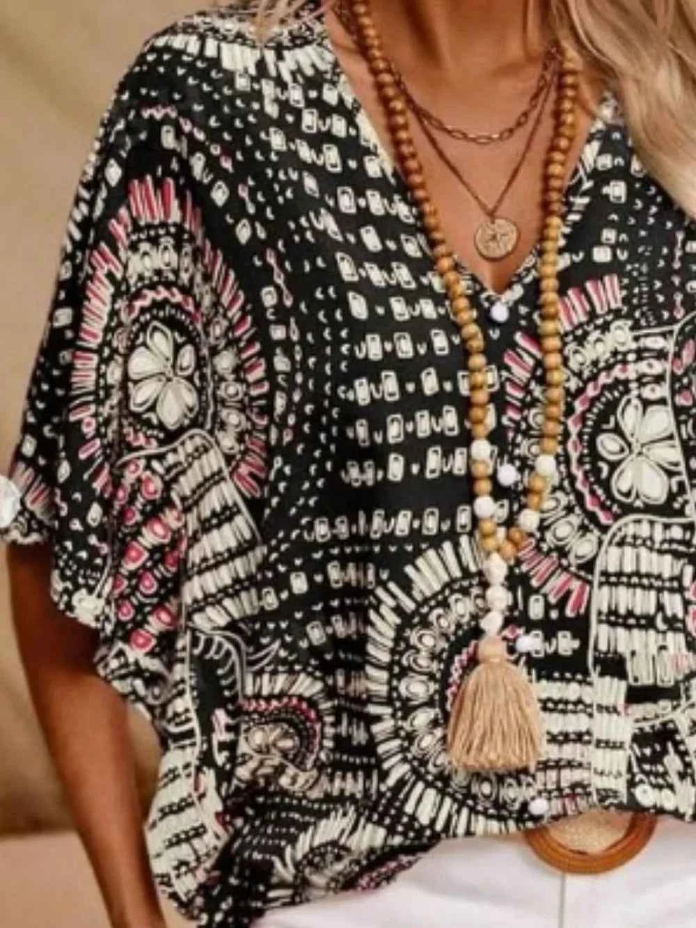 Printed V-Neck Half Sleeve Top Trendsi