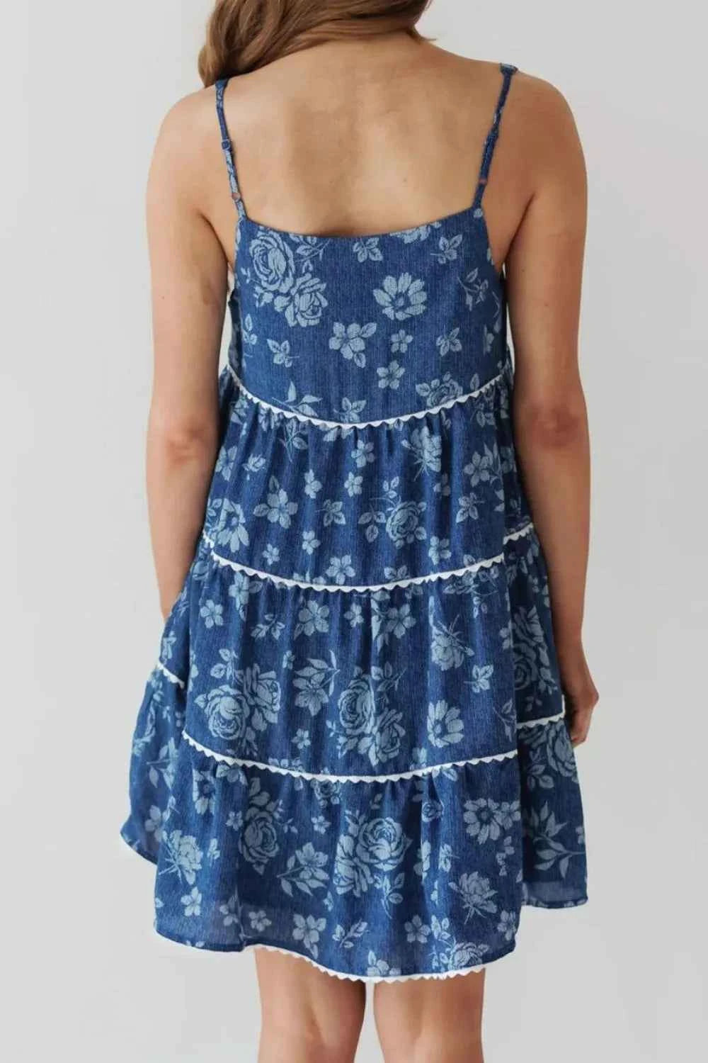 Floral Tiered Denim Dress - Square Neck Mini Trendsi