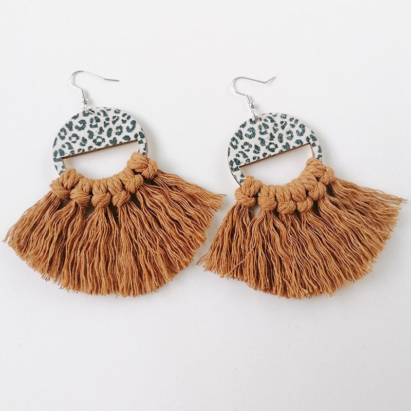Tassel Detail Leopard Drop Earrings Mustard One Size Trendsi