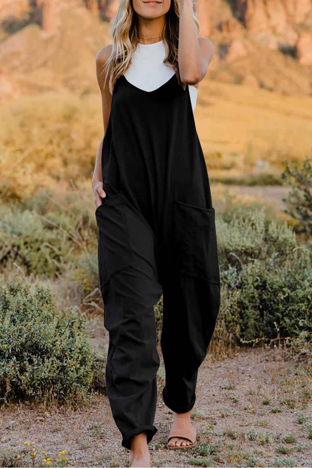 Double Take Full Size V-Neck Sleeveless Jumpsuit with Pockets Black Trendsi