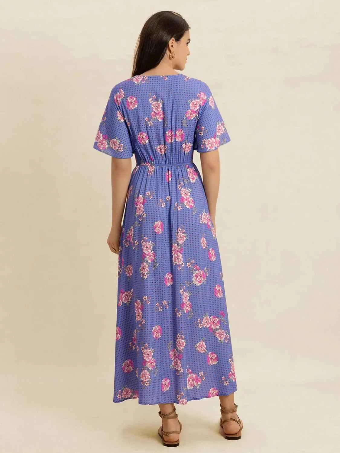 Printed Short Sleeve Midi Dress Trendsi