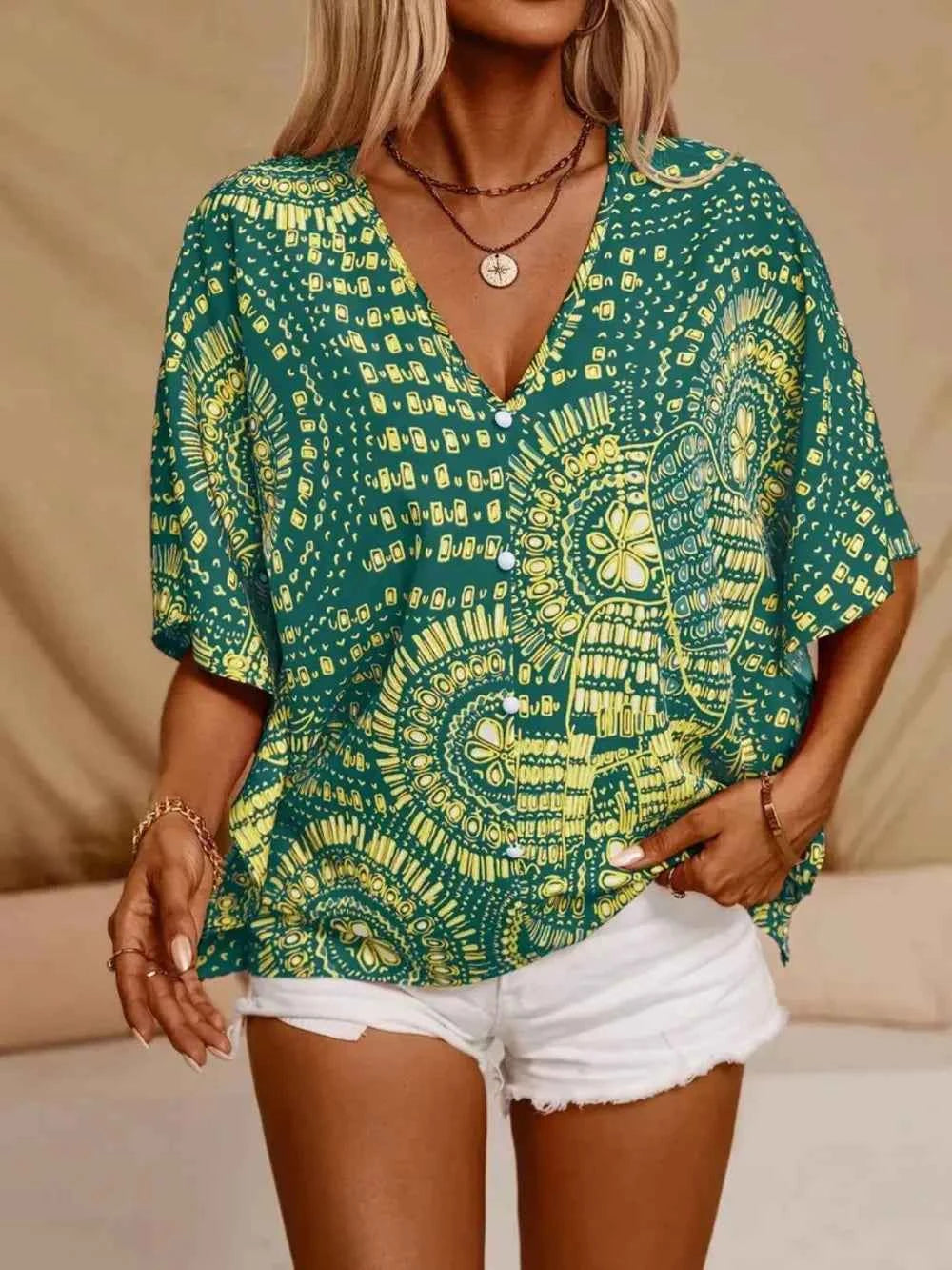 Printed V-Neck Half Sleeve Top Trendsi