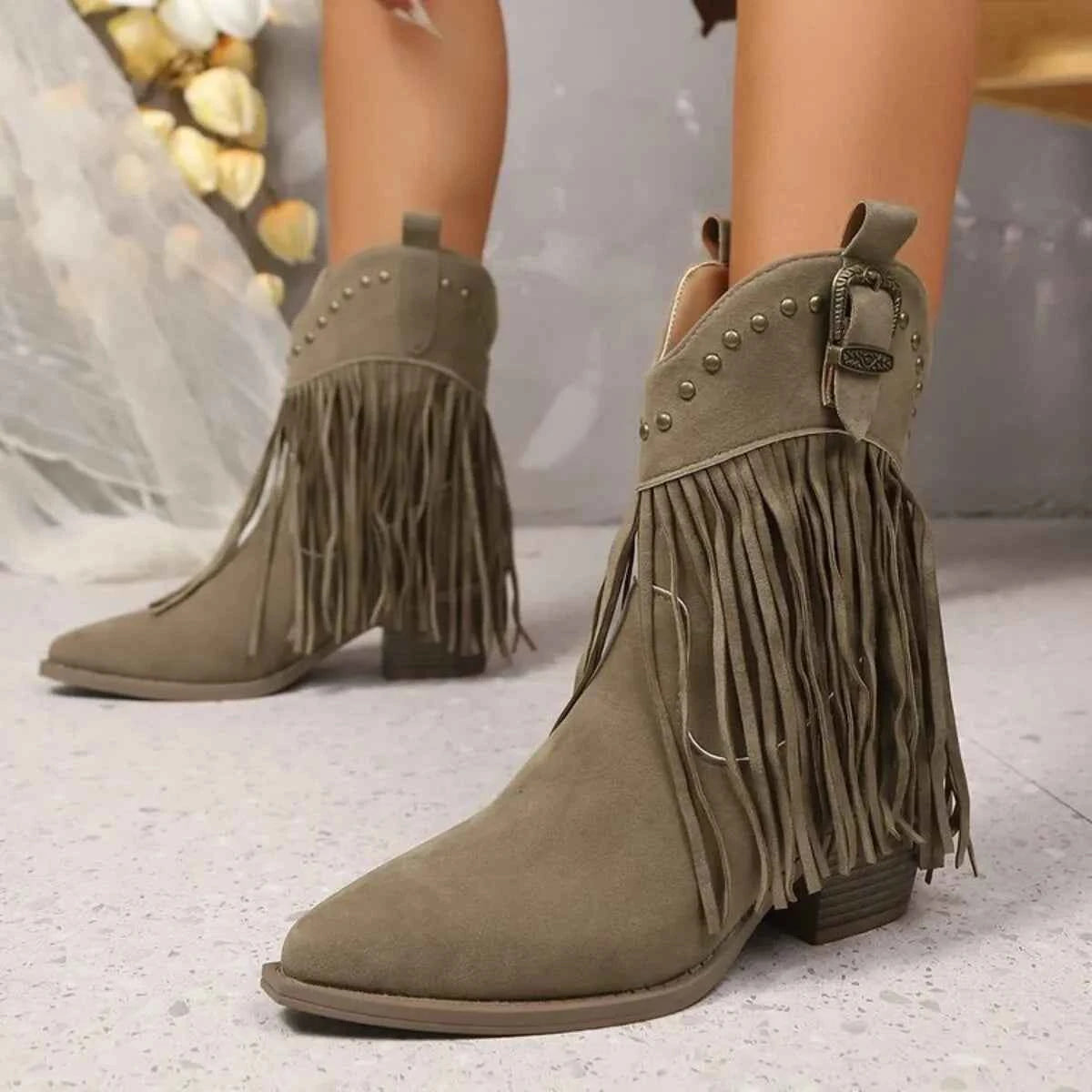 Fringe Point Toe Block Heels Boots Trendsi