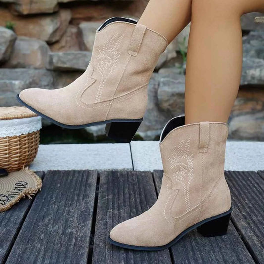 Point Toe Block Heels Boots Beige Trendsi