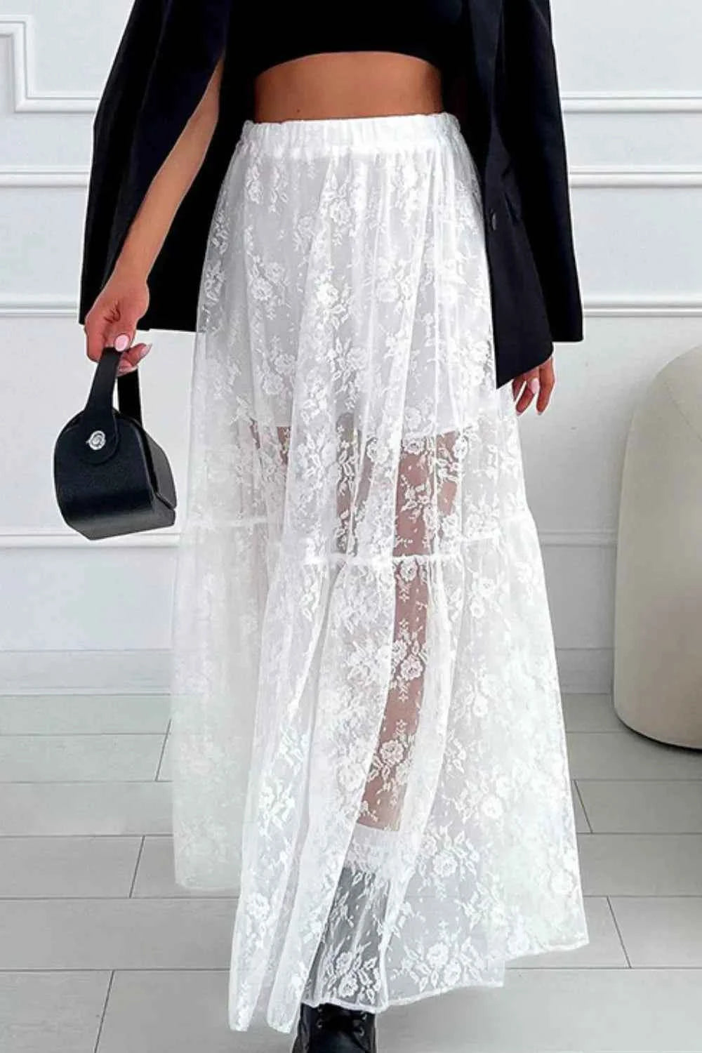 Lace Elastic Waist Maxi Skirt Trendsi