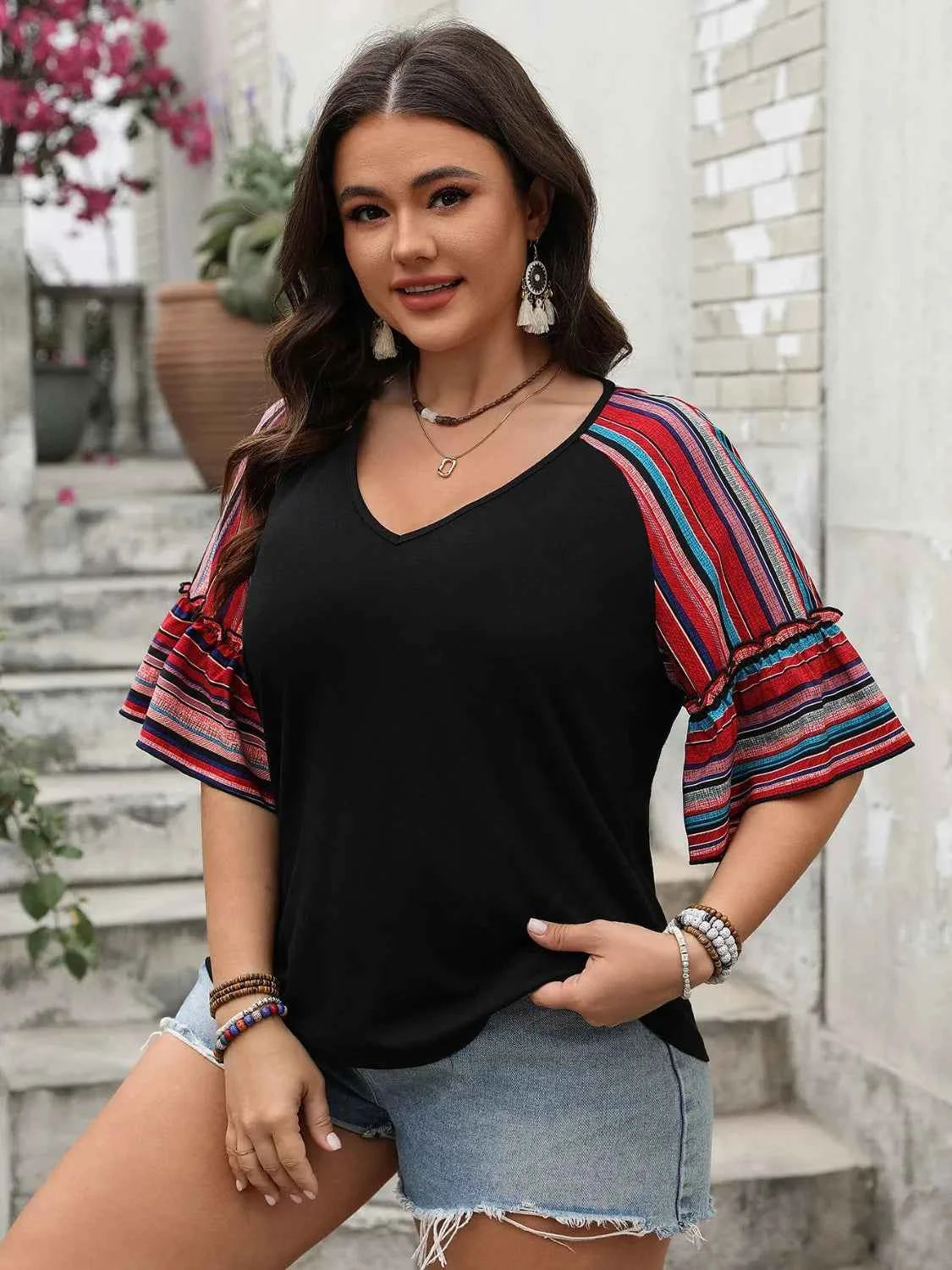 Plus Size V-Neck Flounce Sleeve Top Trendsi