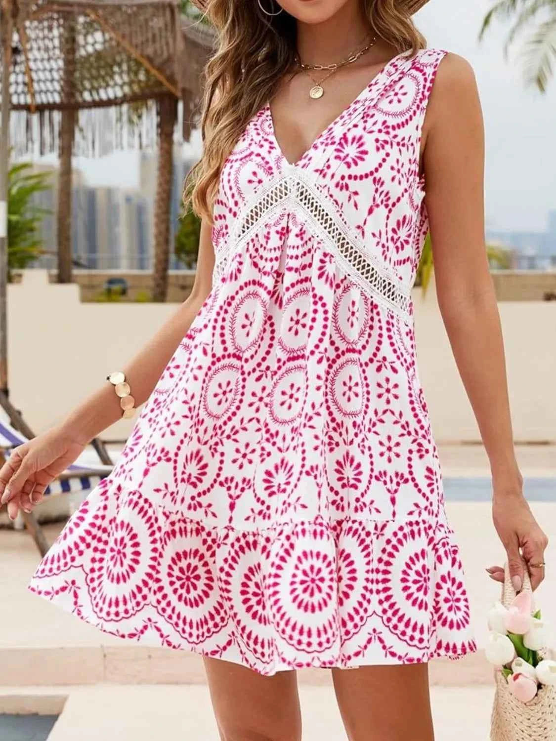 Printed V-Neck Sleeveless Mini Dress Hot Pink Trendsi