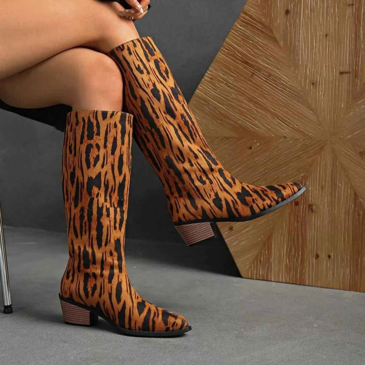 Animal Print Point Toe Block Heels Boots Leopard Trendsi