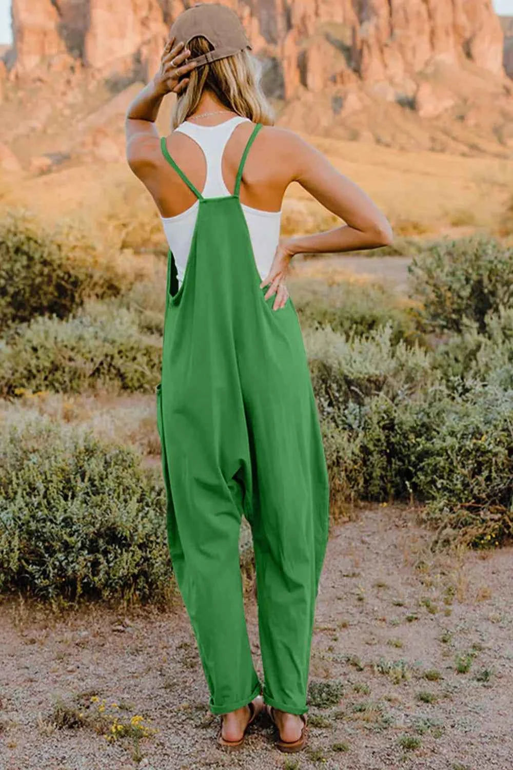 Double Take Full Size V-Neck Sleeveless Jumpsuit with Pockets Trendsi