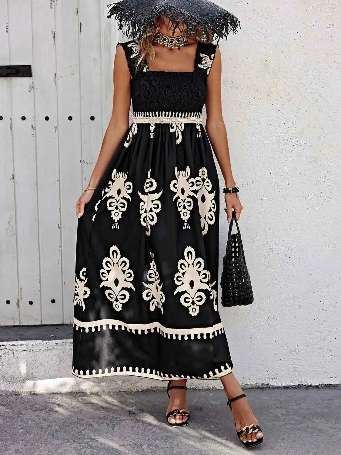 Smocked Printed Wide Strap Maxi Dress Black Trendsi