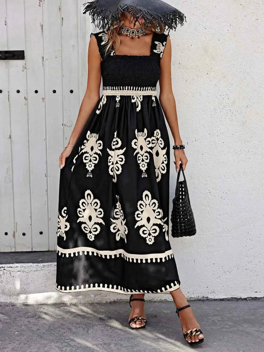 Smocked Printed Wide Strap Maxi Dress Black Trendsi