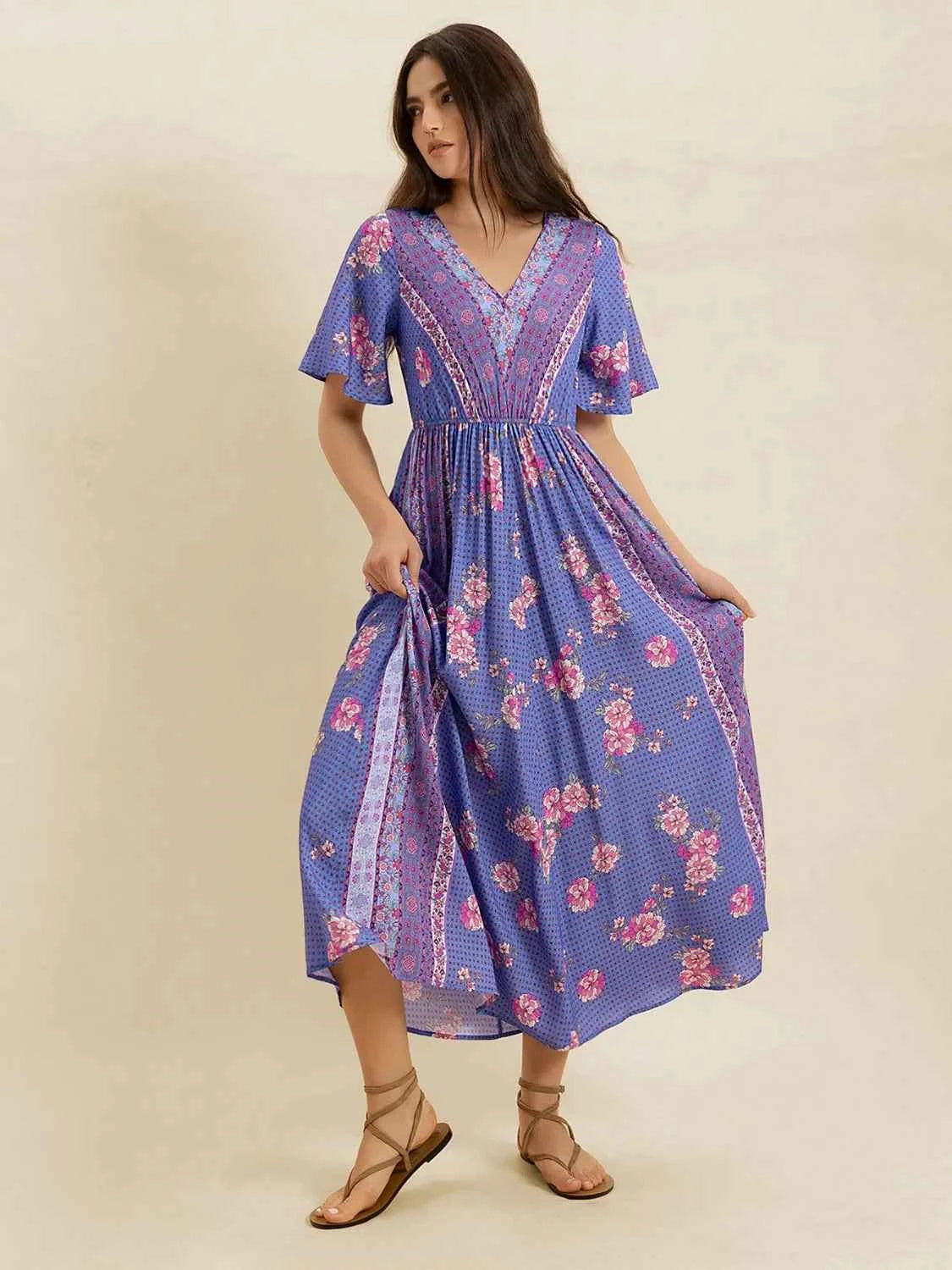 Printed Short Sleeve Midi Dress Trendsi