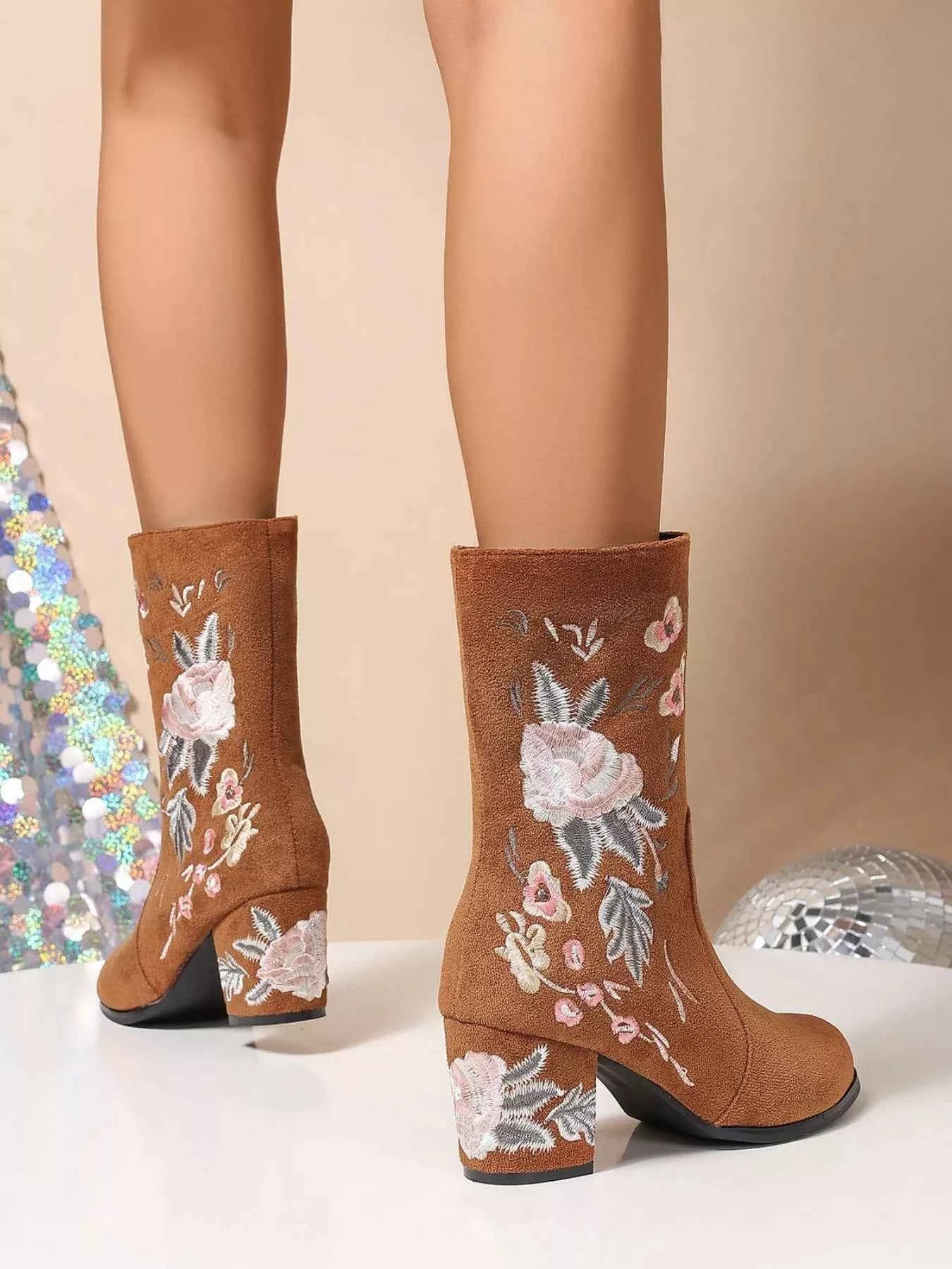 Floral Embroidered Block Heel Boots Trendsi