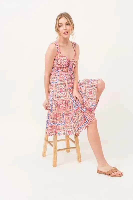 And The Why Tied Front Smocked Back Tiered Boho Printed Dress Trendsi