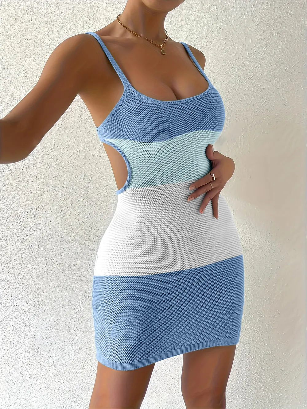 Color Block Scoop Neck Cover Up Dress Light Blue Trendsi