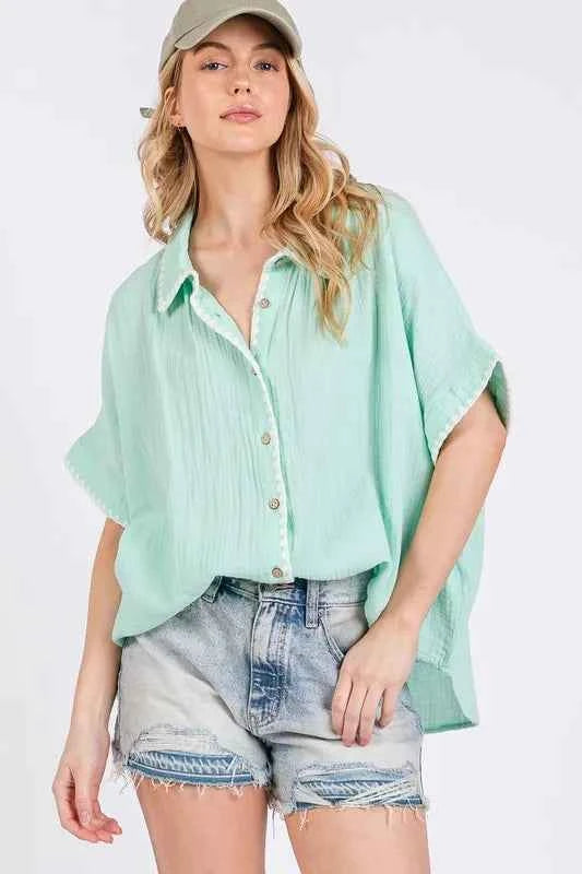 SAGE+FIG Boho Zigzag Trim Gauze Button-Up Shirt Trendsi