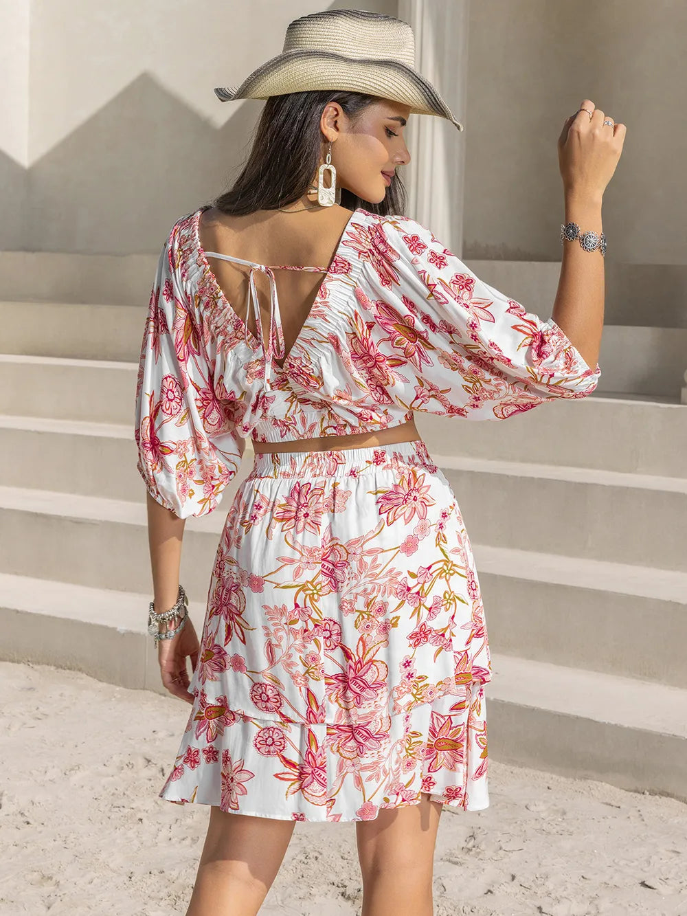Printed Half Sleeve Top and Layered Skirt Set Trendsi