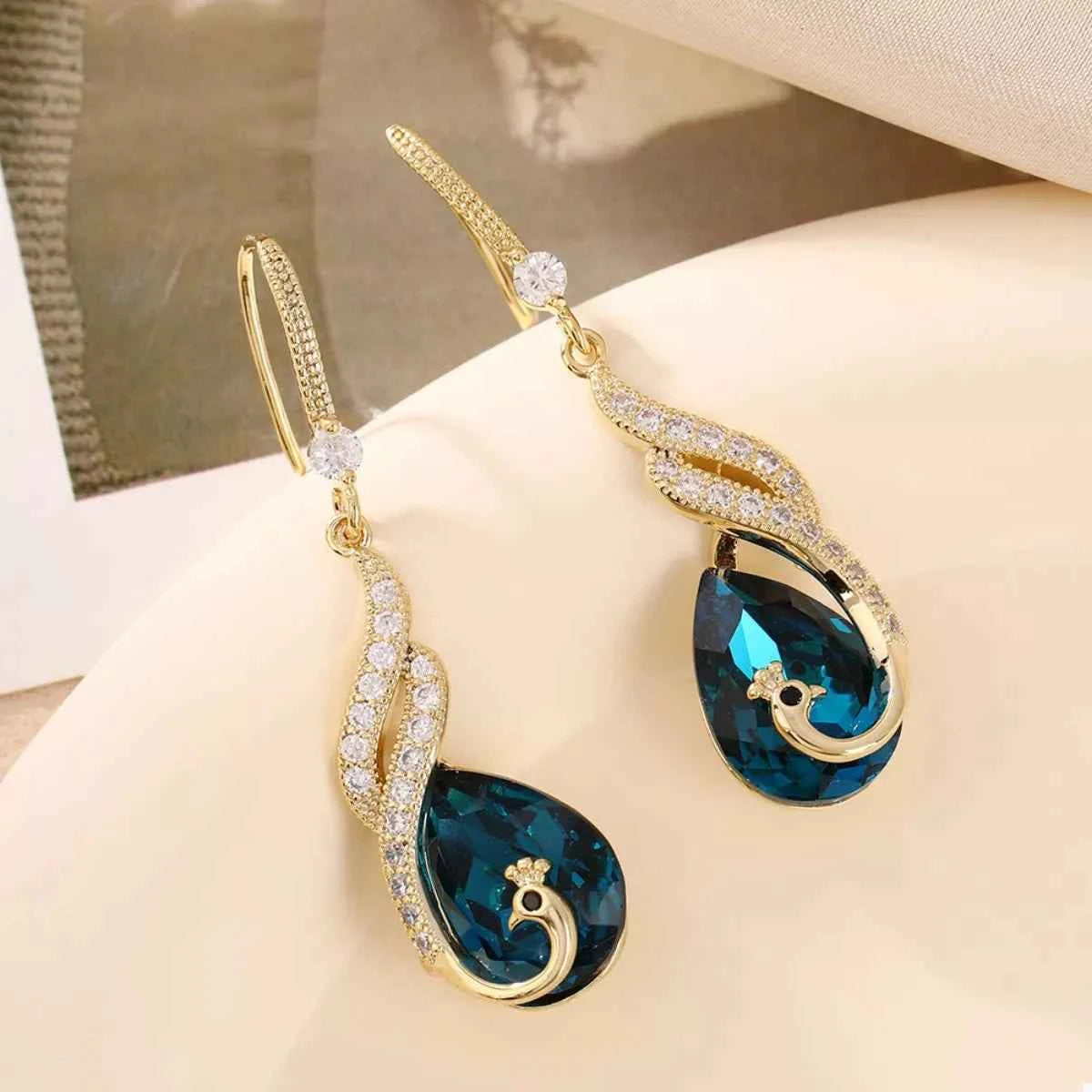 18K Gold-Plated Peacock Teardrop Earrings Blue One Size Trendsi